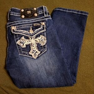 Miss Me Blue Denim Capri Jeans with Embroidered Cross 28